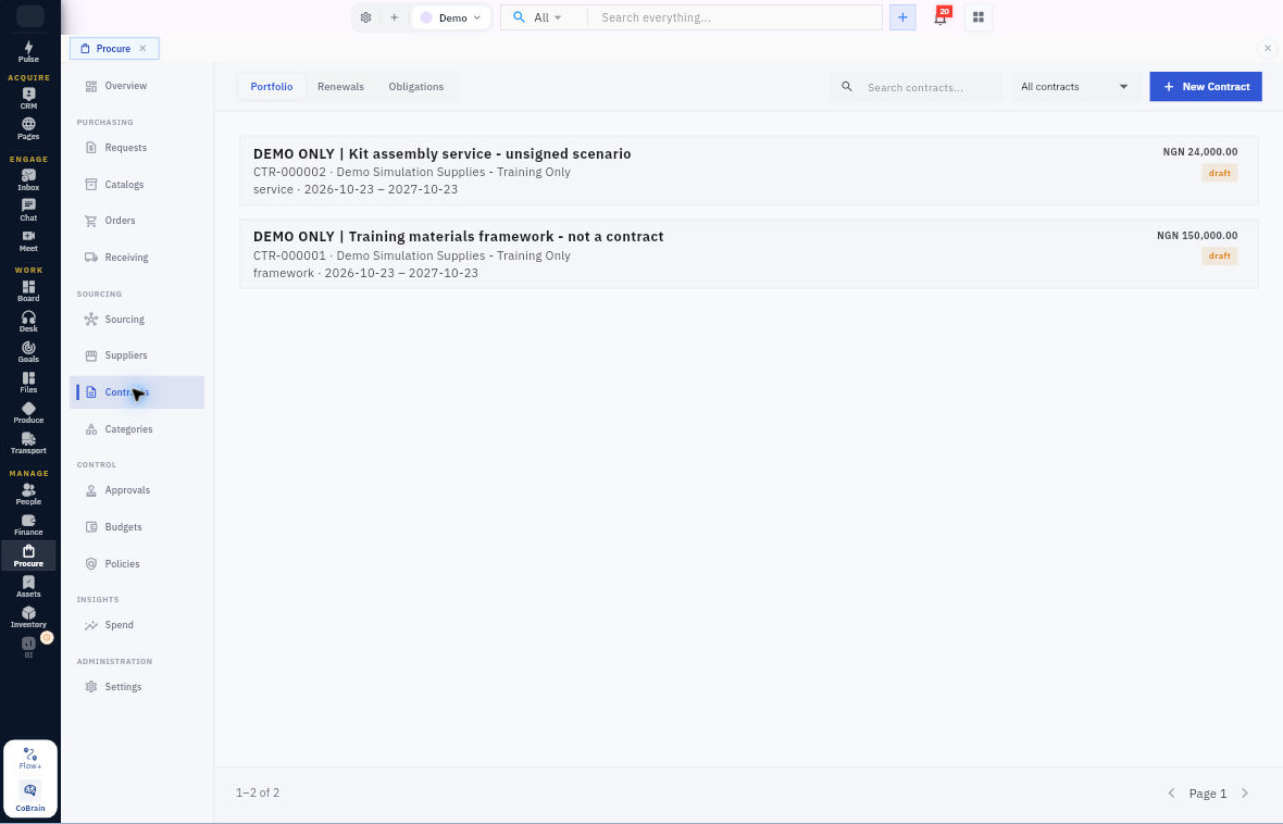 Portfolio shows agreement identity, state and term; Renewals and Obligations are separate monitoring views. These entries are unsigned demo drafts.