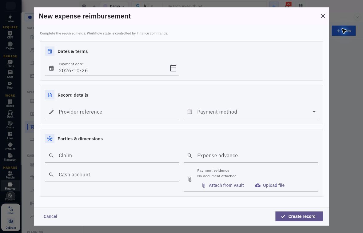 Reimbursement form with claim or advance references and payment evidence
