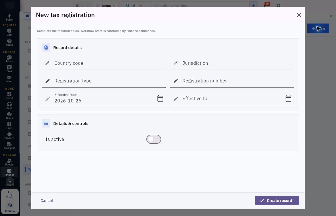 Current tax-registration form showing jurisdiction, identity, dates and active switch