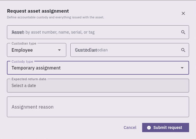Temporary assignment reveals an expected-return date; the request is separate from approval, issue and receipt.