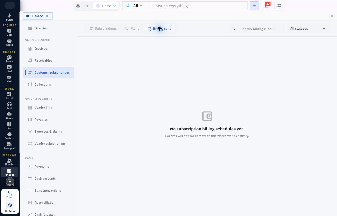 Billing runs with search, All statuses and no subscription billing schedules