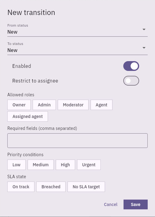 The transition form separates endpoints, actor restrictions, required fields, priority and SLA conditions. A visible blank form does not establish a saved rule or runtime enforcement.