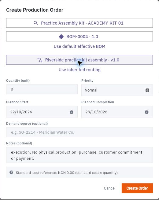 Create Production Order separates the product, BOM, routing, quantity and planning dates. Recheck the selected versions before Create Order. Historical example inputs shown.