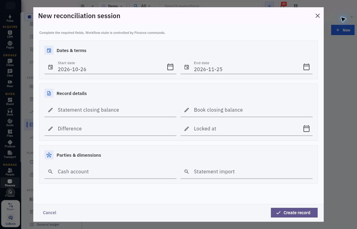 New reconciliation session showing dates, balance fields, Difference, Locked at and source relationships