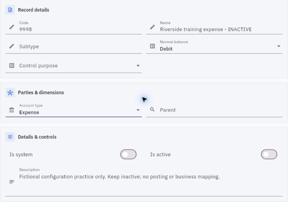 Check the account identity, classification and switches together. Currency may be farther down the form.