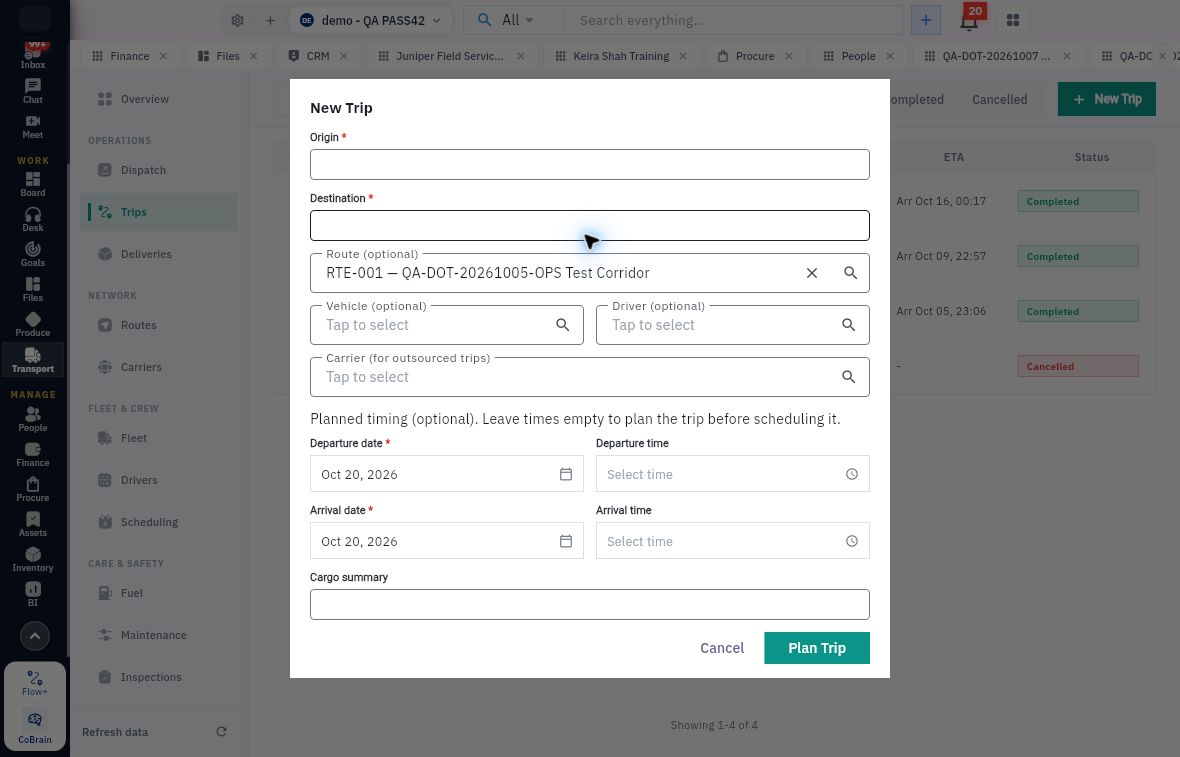 Selecting a route does not fill the required trip endpoints; resource choices, planned dates and actual movement are separate.