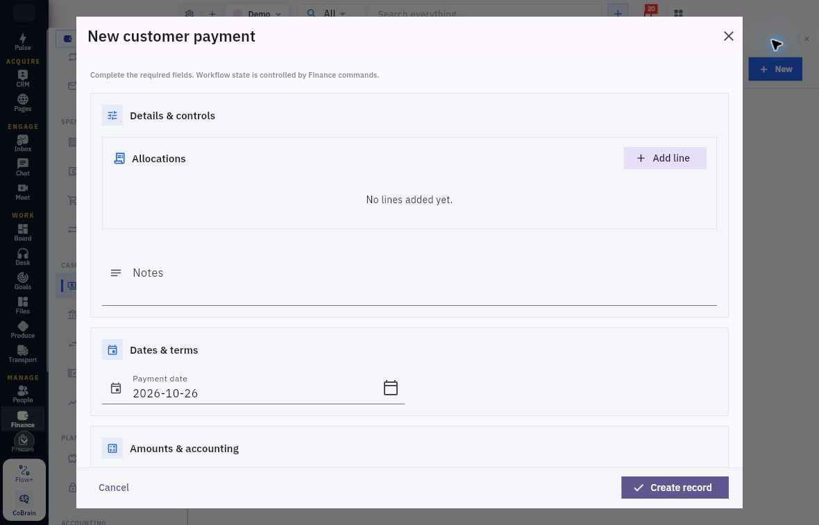 Example customer payment upper form with allocations notes and payment date