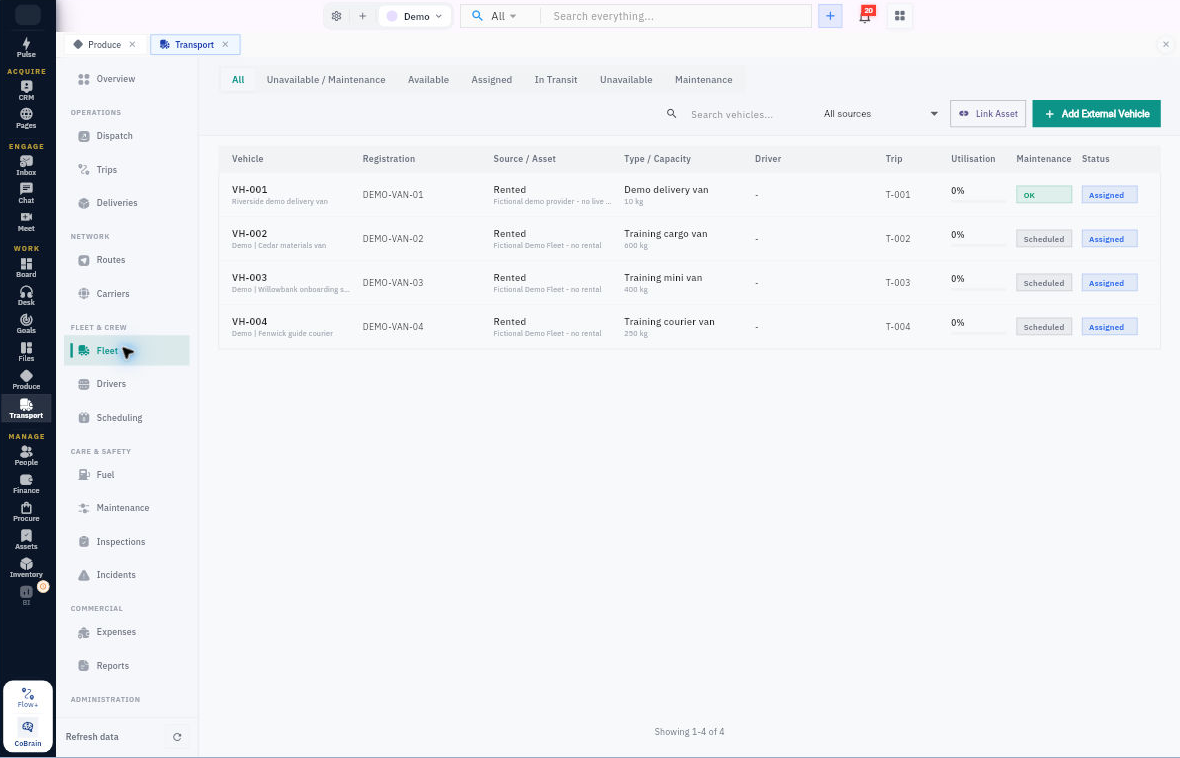 Fleet separates source, capacity, driver, trip, maintenance and status. Search existing vehicles before using Add External Vehicle. Demo values are not real operating qualifications.