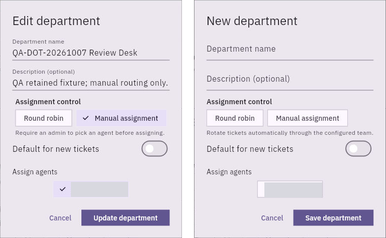 The department form separates assignment mode, the default-for-new-tickets setting and eligible agents. New departments use Save department; existing ones use Update department.