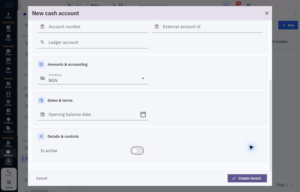 Lower cash-account form showing Currency, Opening balance date and Is active