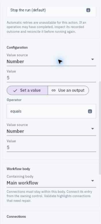 Condition configuration distinguishes literal Number values, Set a value, equals and Main workflow. The pictured historical values are 5 and 5, not a live checklist count.