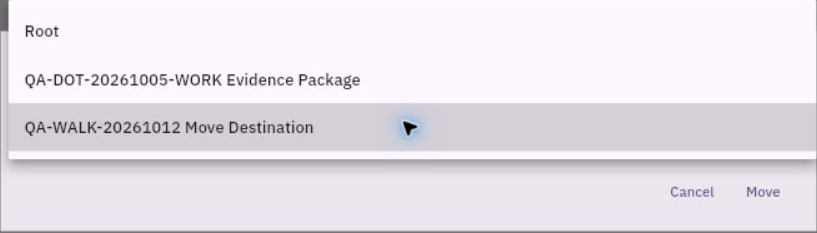 The Move destination selector offers Root and named folders with Cancel and Move controls