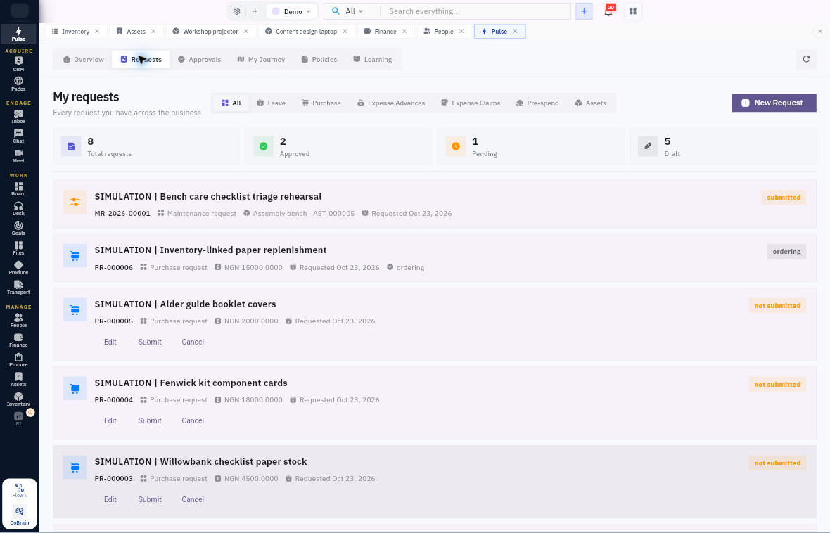 My requests separates categories and shows each request’s reference and stage. These are Demo requests; your own records and actions will differ.