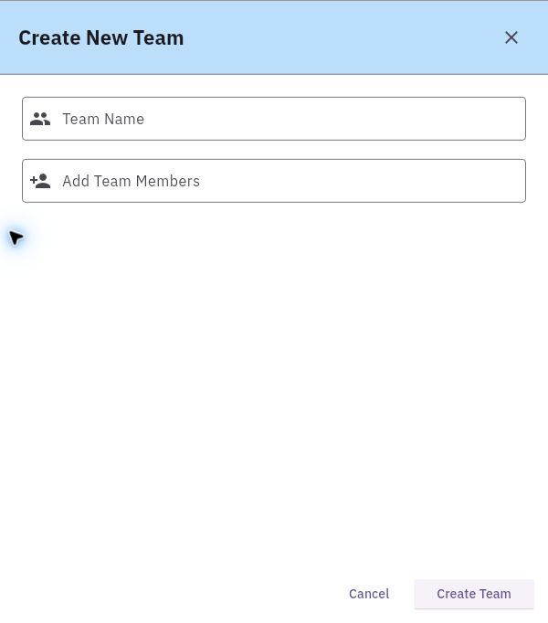 Create New Team separates the team name from member selection and the final creation action