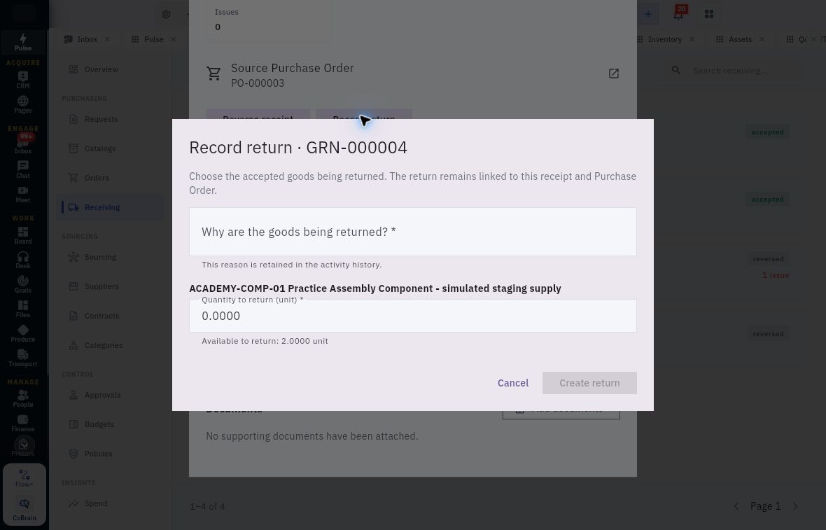 Return form tied to an exact receipt, with required reason, return quantity and available accepted quantity.