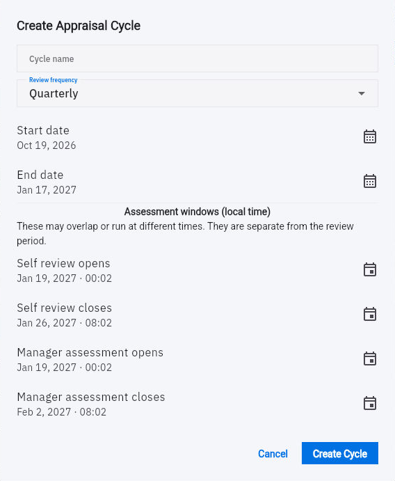 Review-period dates and self/manager assessment windows are separate controls.