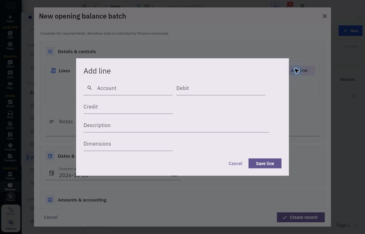 Opening-balance line with Account, Debit, Credit, Description and Dimensions