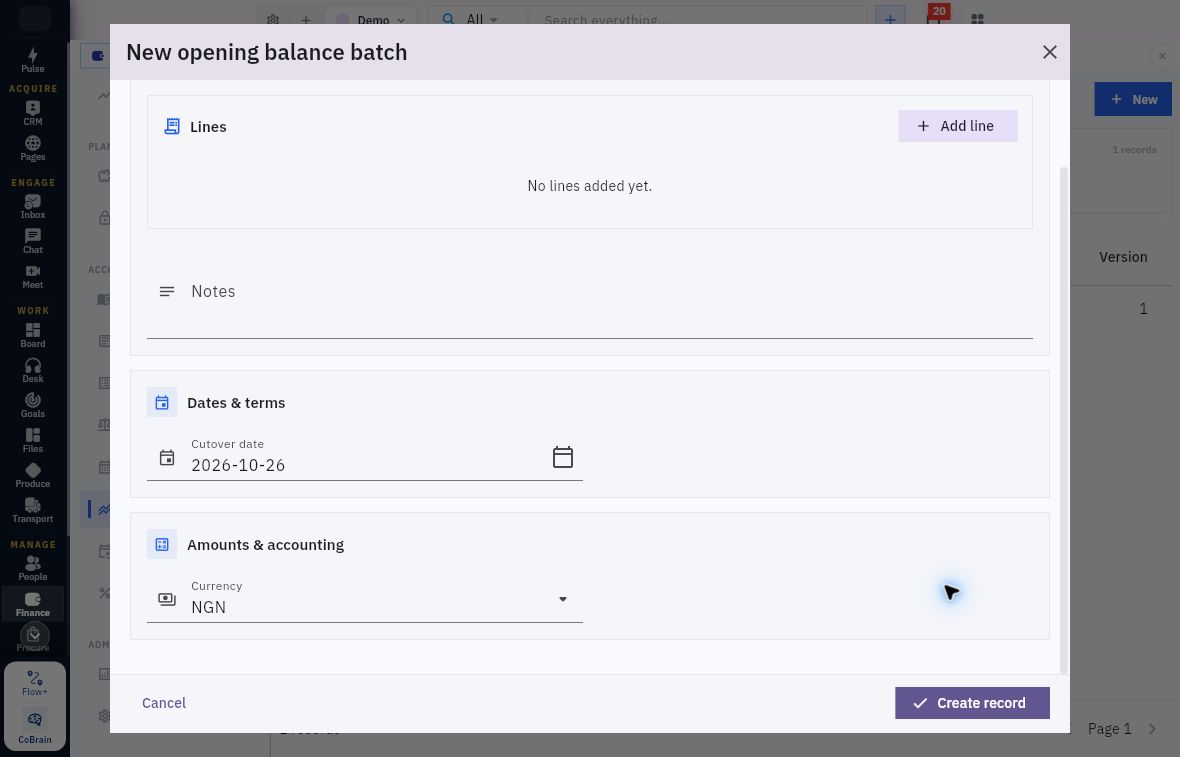 Opening-balance batch form showing lines, notes, cutover date and Currency