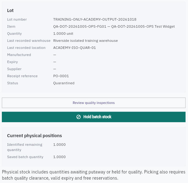 Lot details connect the source reference, current status and quantity fields. Example lot remains quarantined.