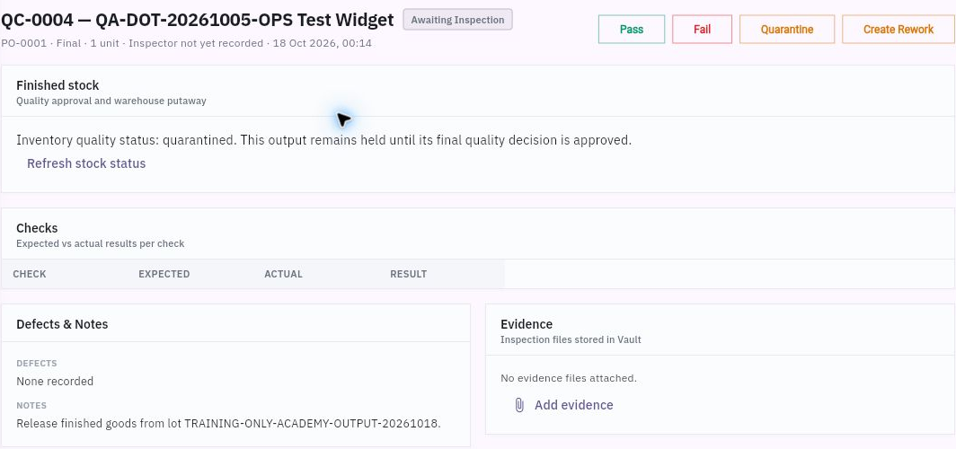 Final inspection with an awaiting state, quarantined stock, blank check rows and separate outcome actions.