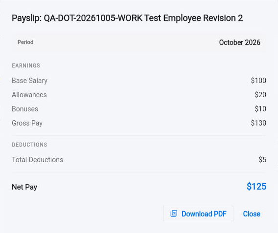Check the payslip’s identity, period and component totals together. These are synthetic demonstration amounts.