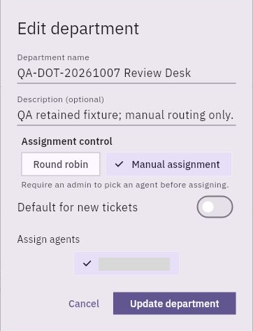 Department configuration distinguishes assignment mode, default handling and eligible agents. A department containing an agent does not prove that a specific ticket is assigned.
