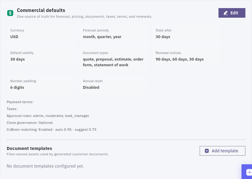 Commercial defaults and the separate document-template area identify settings that affect later work