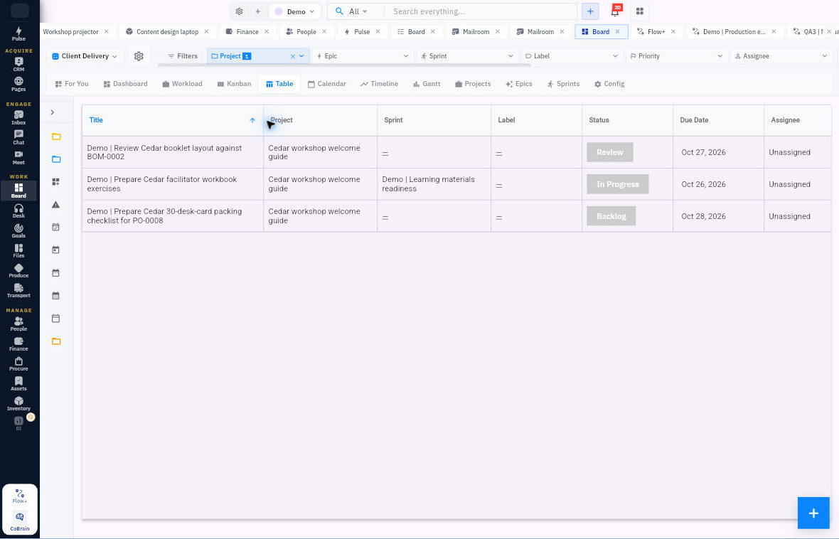 Table keeps Assignee separate from status, dates and project membership. The example rows are unassigned; choose a person on the task before checking this column.