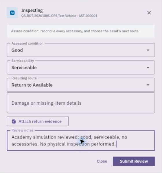 The return review separates assessed condition, serviceability and the resulting route, with damage/missing details, evidence and review notes. The displayed historical values are a software-only example.