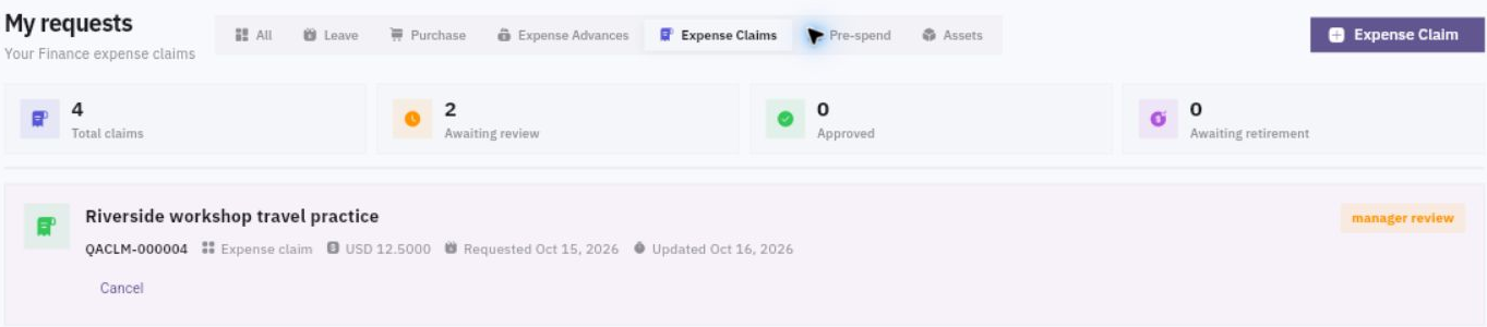 My requests shows an expense-claim card with its identity and stage. Requester tracking does not establish reviewer assignment, approval or reimbursement.