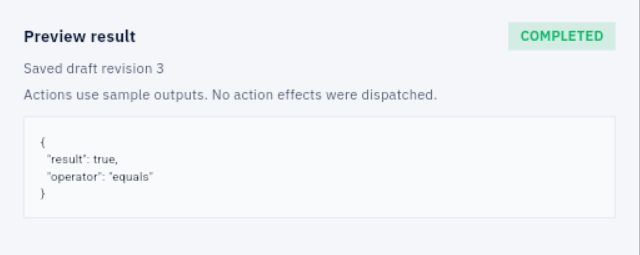 Preview result shows Completed and a comparison output, but explicitly states that action effects were not dispatched. Simulation is not delivery.
