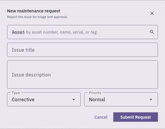 Maintenance request captures the exact asset, issue, type and priority before triage and work-order conversion.