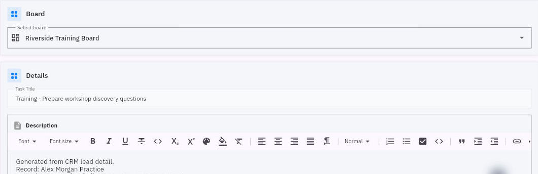 The task opened from a lead carries a generated CRM source description. Keep it when adding your task brief.