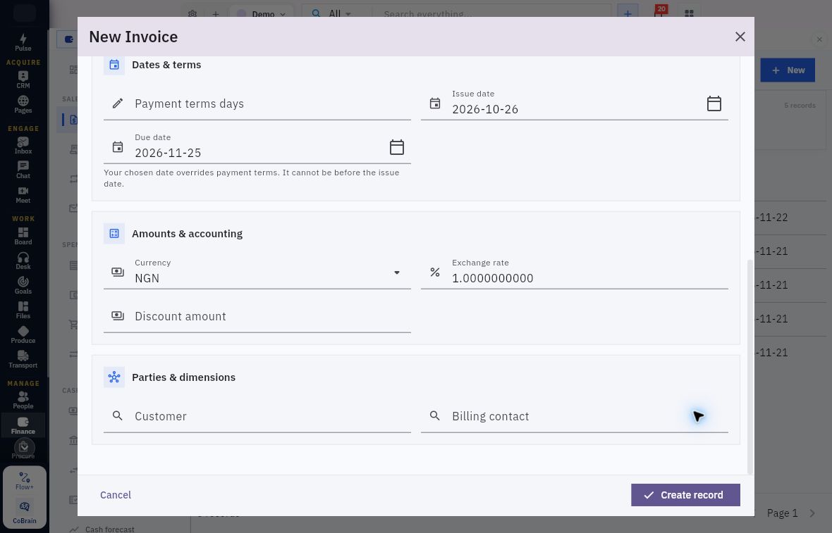 Example invoice dates, due-date helper, NGN currency and customer reference fields