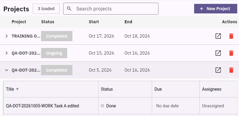 Expanded project with its task row. Project dates and status are separate from the task's Done state, missing due date and Unassigned value.