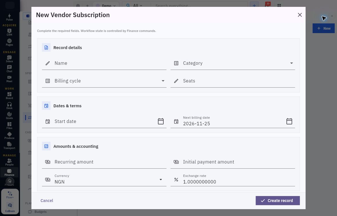 Vendor subscription form showing identity, dates and separate recurring and initial amounts
