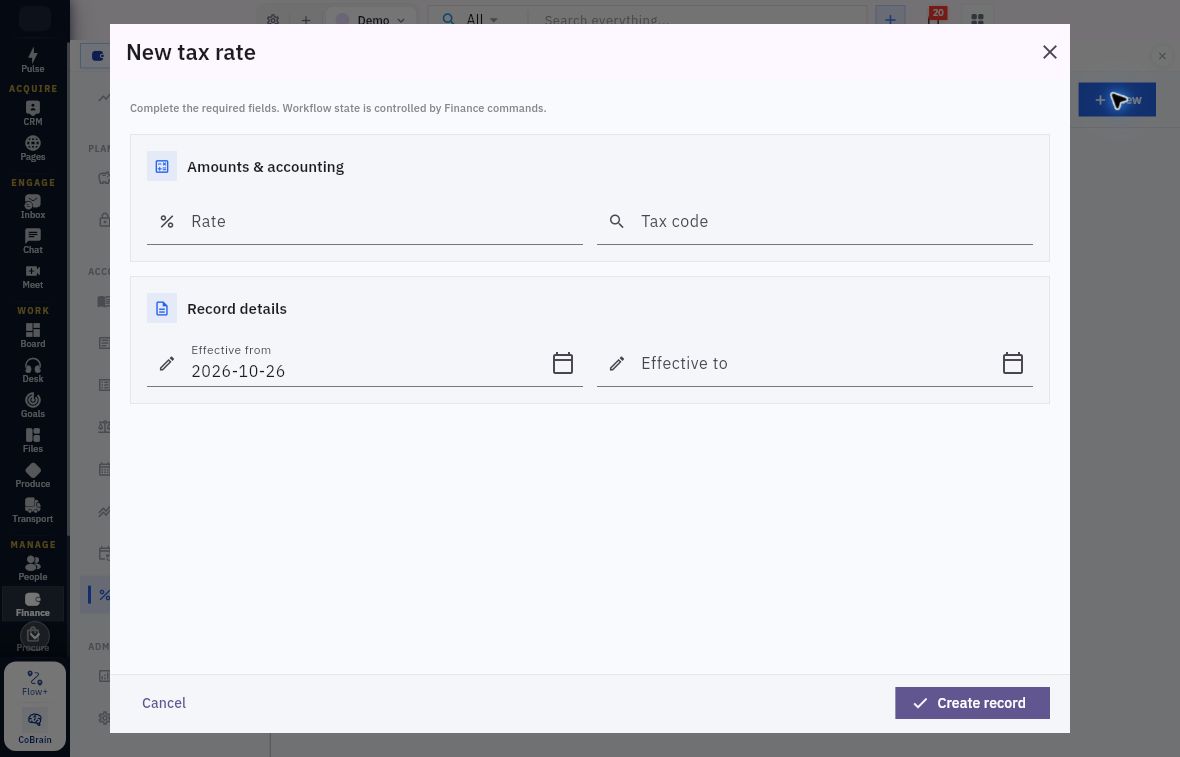 New tax rate showing Rate, Tax code and two effective date fields