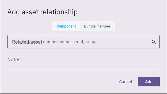 Add asset relationship offers Component or Bundle member and an exact related-asset lookup.