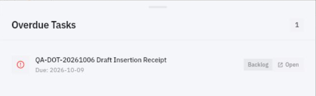 The overdue-task view identifies a task, due date, state and Open action. Its presence signals attention; it does not explain whether the underlying output is complete.