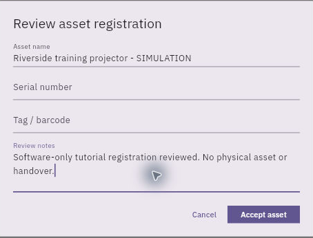 Review asset registration checks the displayed identity and provides Review notes before Accept asset. This historical example is explicitly software-only; use your actual review findings.