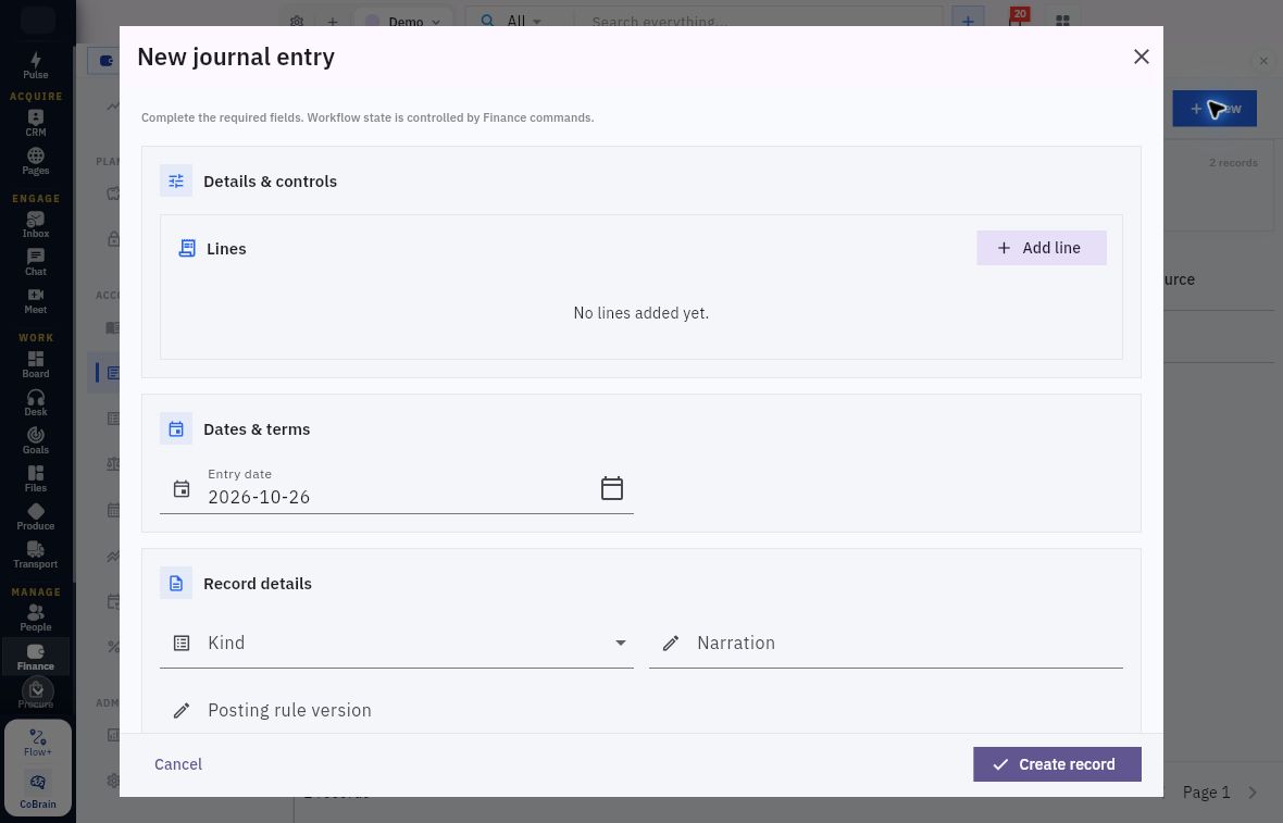 New journal entry with no lines Entry date Kind Narration and Posting rule version