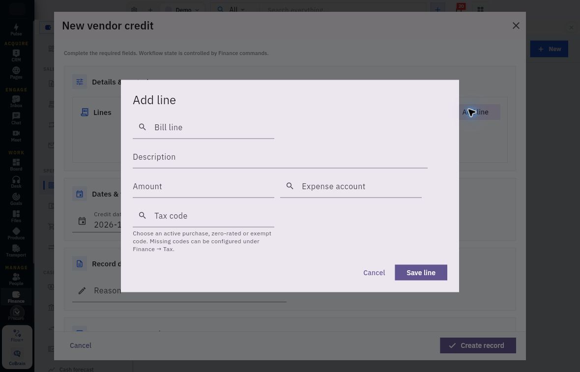 Vendor-credit line dialog showing Bill line, Description, Amount, Expense account and Tax code