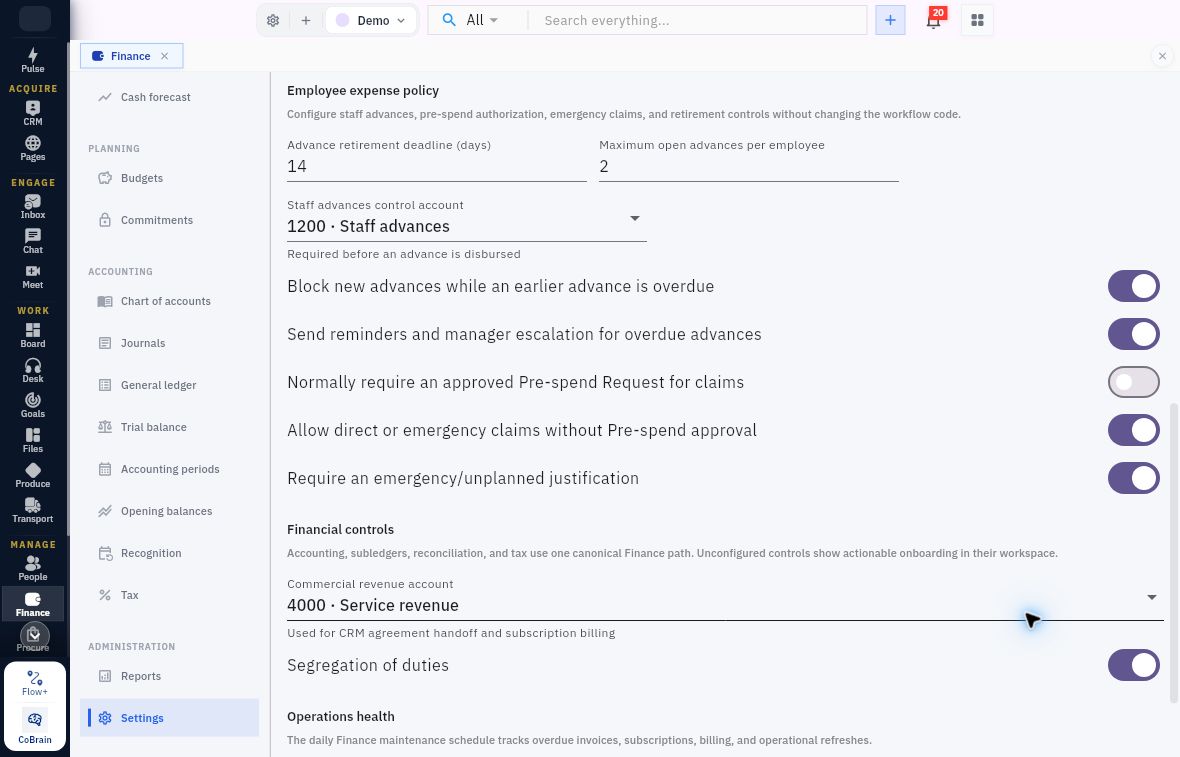 Current employee expense policy showing retirement days, open-advance limit, account mapping and policy switches