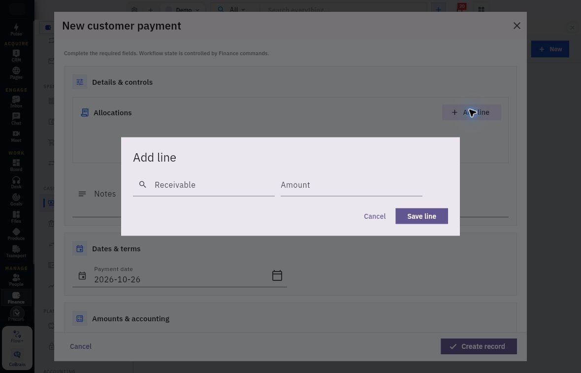Customer allocation dialog with Receivable and Amount fields