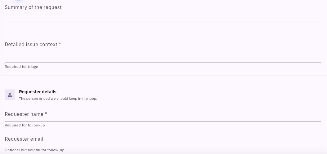 Detailed issue context and Requester name are separate required fields; the short Summary and requester email have their own roles.