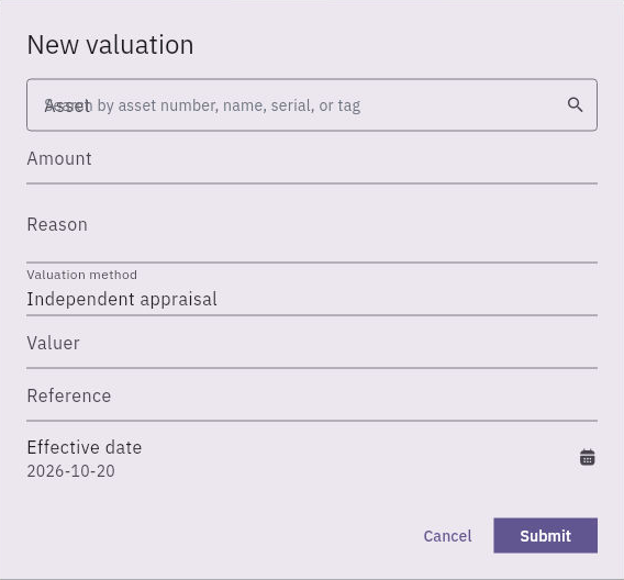 Valuation form with amount, method, valuer, source reference and effective date; a submission is not a posted Finance result.