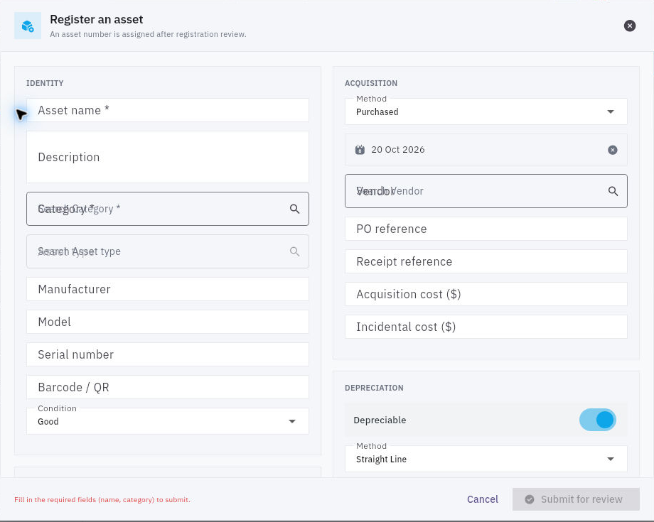 Registration separates identity, acquisition and depreciation; overlapping empty selector labels are preserved from the original UI.