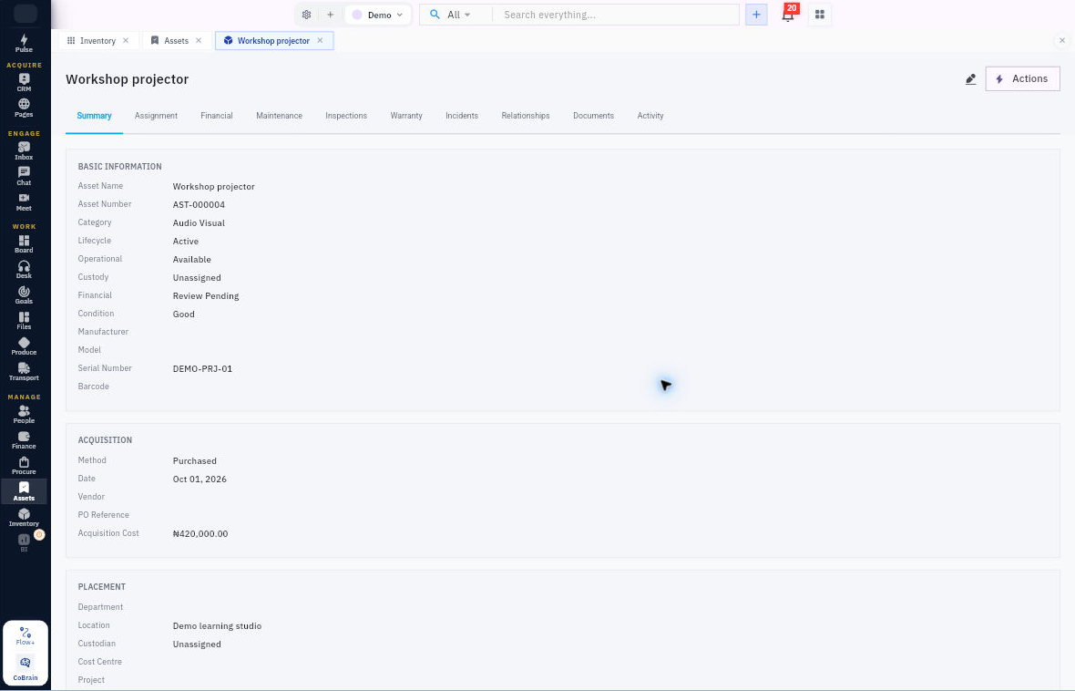 Summary shows lifecycle, operational, custody, financial and condition as separate fields, with placement below. Use Assignment to inspect the related custody history. Demo data shown.