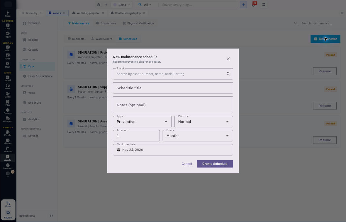 New maintenance schedule sets one asset’s cadence and next due date. Example form defaults are not your maintenance plan.