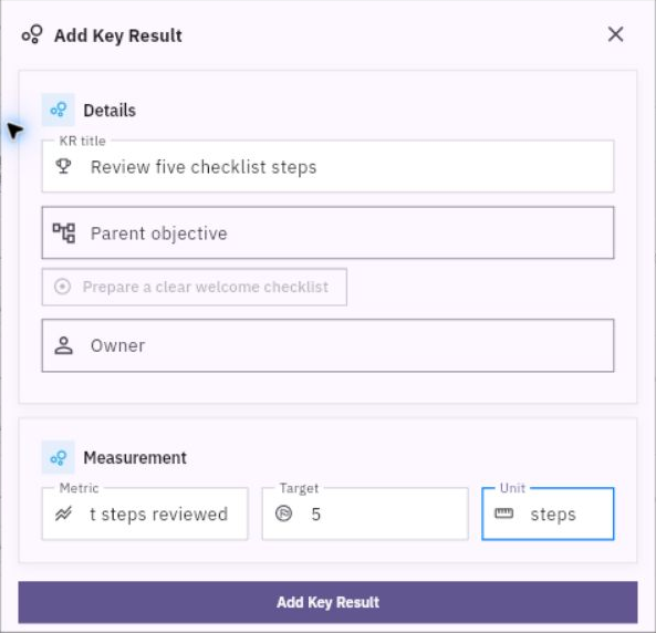 Add Key Result keeps the title and parent separate from Metric, Target and Unit. Read the full saved measurement after creation because narrow inputs can clip long text.